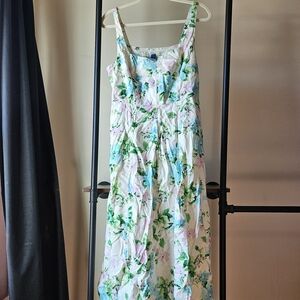 Old Navy White Floral Linen Midi Dress with Green and Blue Accents